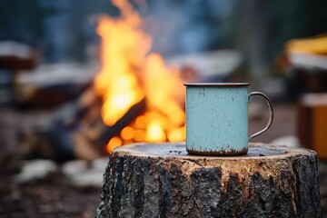 Enamel mug of steaming coffee on tree stump by campfire outdoors