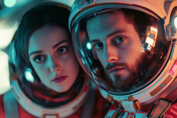 Modern cosmonaut wearing futuristic helmet with neon lighting in sci fi environment, science fiction concept, generative ai