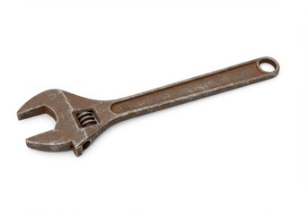 Isolated image of a rusty adjustable wrench with a hole on a plain white background surface