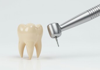 A tooth model next to a dental drill on a white background in a close up studio shot for dental care
