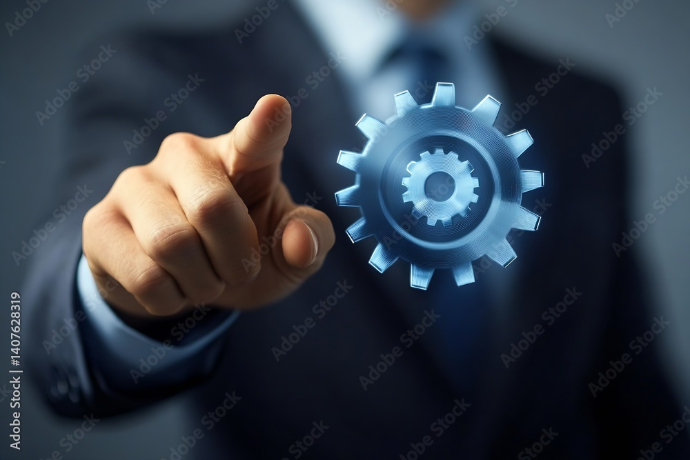 Poster business professional interacting with a digital gear icon in a modern business environment : genera