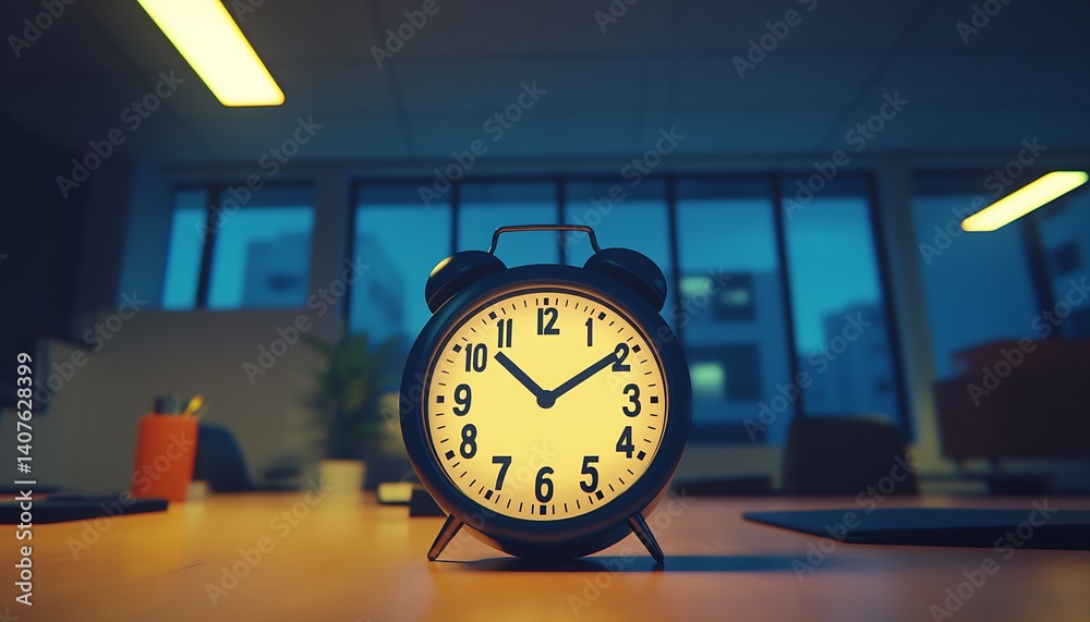 Poster classic vintage style black alarm clock on desk with soft light in modern office setting : generativ