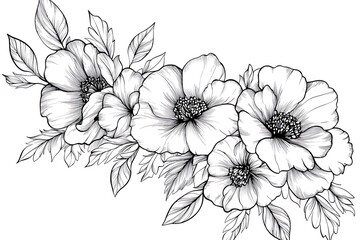 Black and White Floral Featuring Stylized Flowers with Detailed Leaves