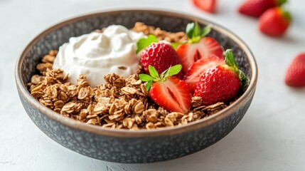 A beautifully plated dessert topped with fresh fruits and granola, showcasing an elegant presentation.