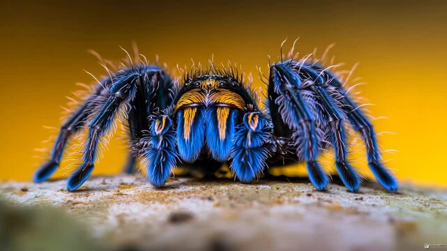 Vibrant Blue Tarantula Spider with Striking Orange Markings Colorful Arachnid Close Up Against Warm, Blurred Background