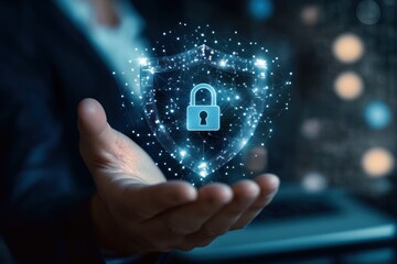 Hand presents digital shield with padlock representing cybersecurity and data protection.