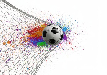 A soccer ball hitting a net with colorful paint splatters on a white background art design image