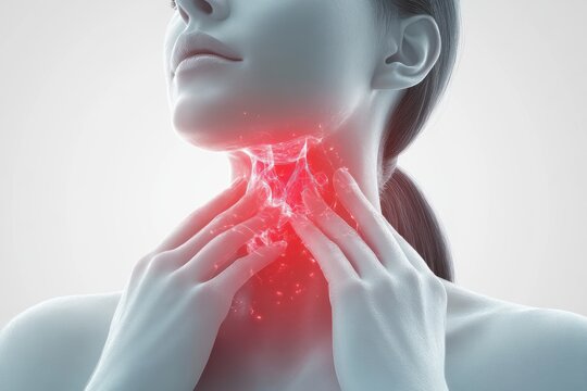 Thyroid Gland Pain in Women Holding Neck with Sore Throat and Symptoms of Disease and Inflammation