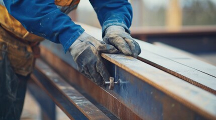 Construction worker securing beams in place. Featuring strength and precision