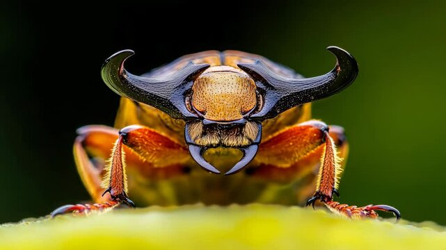 Close up of rhinoceros beetle with prominent horns and detailed texture, set against blurred green background, showcasing intricate nature of this