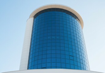 Obraz premium A low angle view of a modern glass building with a blue sky on a bright and sunny day outside