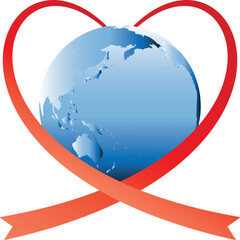 青い地球と赤いリボンのハートギフト &ndash; 感謝と愛を込めて