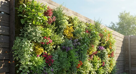 Vibrant Vertical Garden On Wooden Fence In Bright Sunlight
