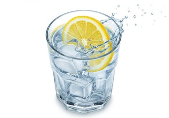 A glass of water with ice cubes and a lemon slice creating a splash on a white background