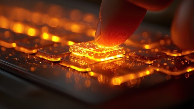 A dramatic close-up of the enter key being pressed, with warm light reflecting on the keyboard surface