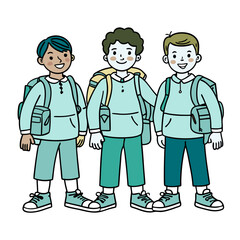 Fototapeta premium Three school boys in casual outfits with backpacks illustration for educational blogs, back-to-school content, stationery design, or awareness campaigns