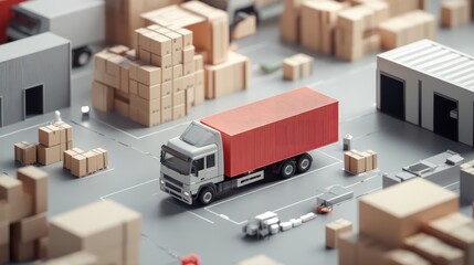 A miniature model of a warehouse and delivery truck.