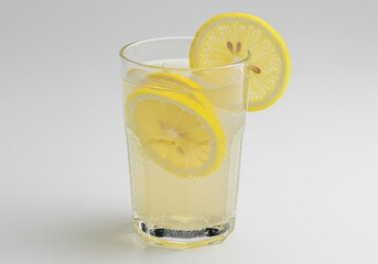 A glass of lemonade with lemon slices placed on a white surface in a studio setting indoors
