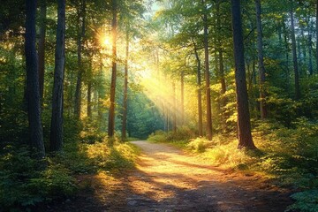 Fototapeta premium Summer Pathway in Pine and Fir Forest Sunlight