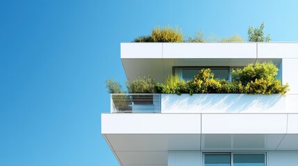 Modern architecture with green balcony garden showcasing plants against clear blue sky in vibrant urban setting