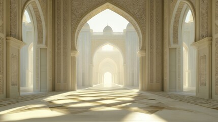 Obraz premium Serene Interior of Exotic Palace with Elegant Arches and Soft Light Illuminating Marble Floors