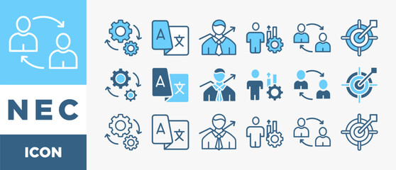 Obraz premium NEC icon set with various styles and colors support, information, advice, problem solving, help, service and solutions 