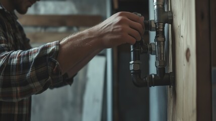 Construction worker securing pipes to a wall. Featuring attention to detail
