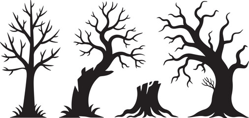 Fototapeta premium Creepy Dead Tree Silhouette Set Spooky Leafless Tree Vector for Halloween, Horror Themes, Haunted Forests, Graveyards, and Dark Nature Designs