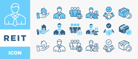 REIT icon set with various styles and colors real estate investment trust with icon of real estate, manager, broker, investor, trust and return