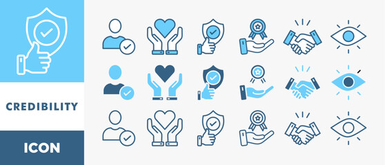 CREDIBILITY icon set with various styles and colors integrity, trust, reliable, authentic, commitment, regard, and reputation	