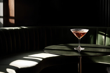 Elegant martini cocktail on a round marble table in a dark lounge