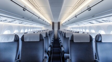 Empty airplane interior with modern design and rows of seats under bright ambient lighting in the cabin