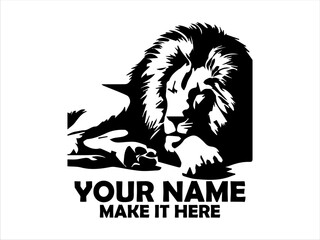 Majestic lion with a prominent mane rests peacefully in a monochrome illustration. Wildlife concept lion, illustration lion vector logo design art
