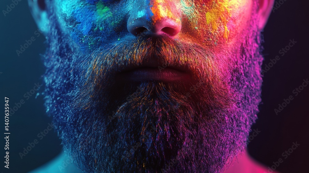Poster colorful paint splashed on transparent beard shape, creating an artistic graffiti vibe in a vibrant 