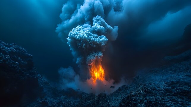 Underwater Volcano &ndash; An active underwater volcano releasing clouds of smoke and ash, with glowing molten rock illuminating the surrounding water, while marine life cautiously swims nearby &ndash; intense an