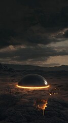 Glowing dome rests in desolate alien landscape