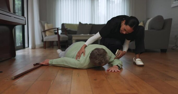 Accident, help and nurse with senior man and 911 phone call from fainting and injury. Support, nursing and emergency contact for medic with caregiver and male person on the ground from fall in house
