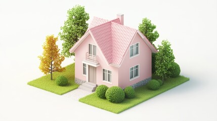 Fototapeta premium Charming pink house surrounded by vibrant trees and manicured bushes in a serene landscape setting