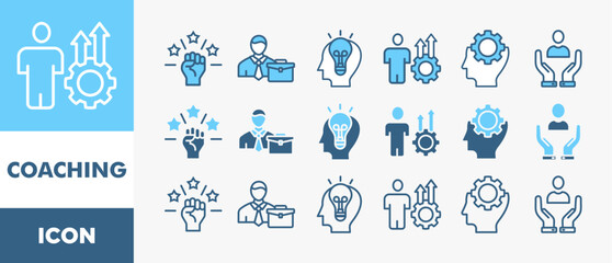 Fototapeta premium COACHING icon set with various styles and colors motivation, coach, potential, development, skill, support, knowledge, and advice 