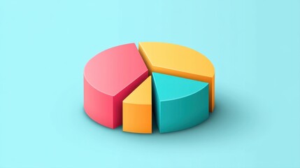 Obraz premium Colorful pie chart with three segments displaying data analysis on a light blue background