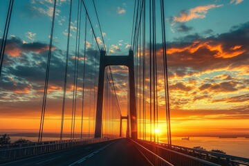 Obraz premium Suspension Bridge Sunrise View, Sweden Denmark
