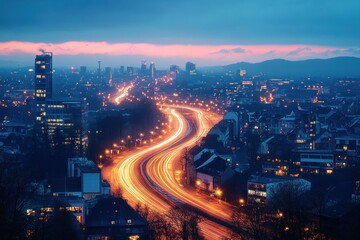Aerial Cityscape at Dusk with City Lights and Vibrant Colors