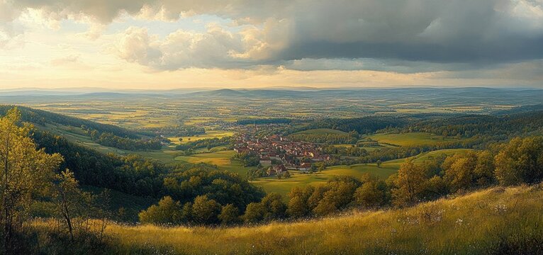 Aerial View of Serene Countryside Landscape with Rolling Hills and Small Town