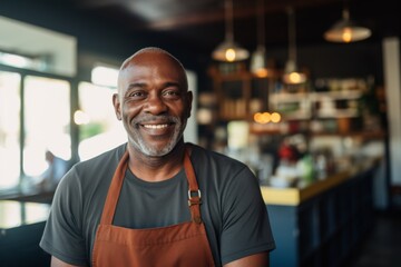Naklejka premium Smiling portrait of a middle aged African American small and local restaurant owner looking at camera