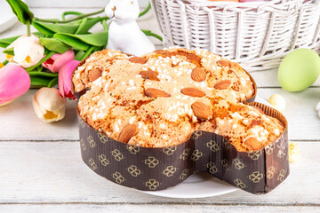 Italian Easter Colomba Cake, Colomba di Pasqua, sweet sugared dove-shaped sponge cake with glazed...