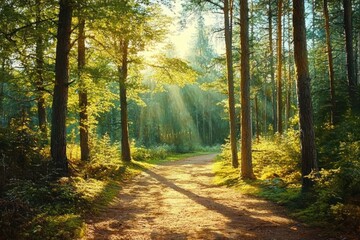 Obraz premium Summer Pathway in a Pine and Fir Forest with Dappled Sunshine