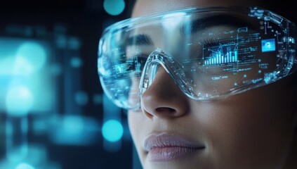 Woman wearing augmented reality glasses displaying digital information with blurred background.