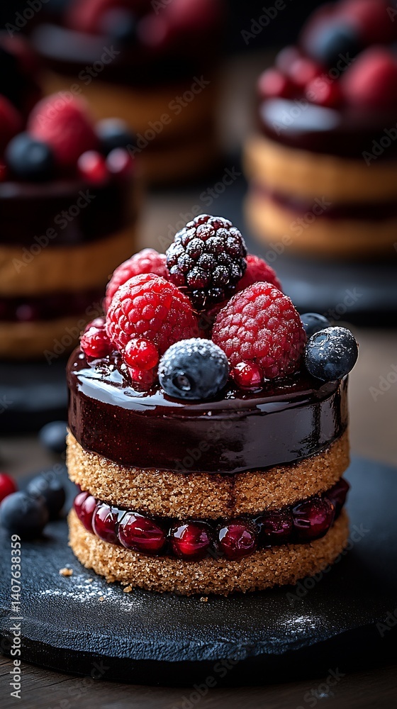 Poster Elegant dessert featuring a round layered cake with berry toppings in a rich chocolate sauce : Generative AI