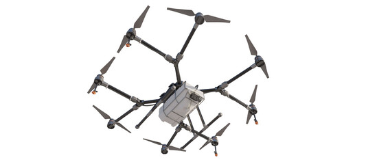 Detailed bottom view of a drone for farming applications. Agricultural technology. Isolated on a transparent background. 3D illustration.