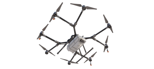 Detailed bottom view of a drone for farming applications. Agricultural technology. Isolated on a transparent background. 3D illustration.
